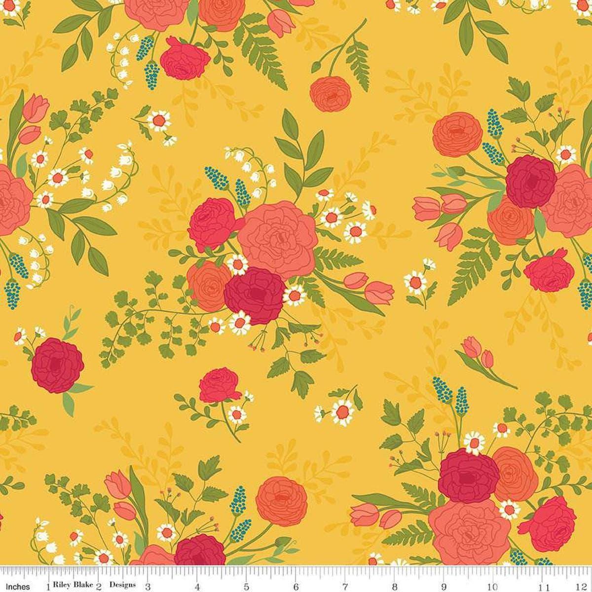 Image of the First Blooms Main Yellow quilting cotton fabric by Riley Blake Designs. Features flowers on a yellow background. Cute Little Fabric Shop