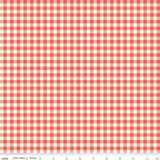 Image of the First Blooms Gingham Berry quilting cotton fabric by Riley Blake Designs. Features gingham on a pink background. Cute Little Fabric Shop