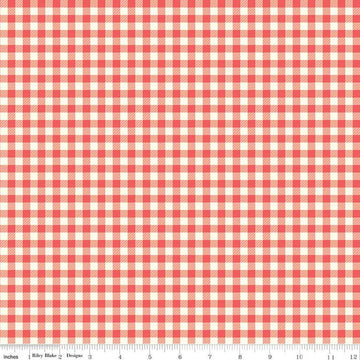 Image of the First Blooms Gingham Berry quilting cotton fabric by Riley Blake Designs. Features gingham on a pink background. Cute Little Fabric Shop
