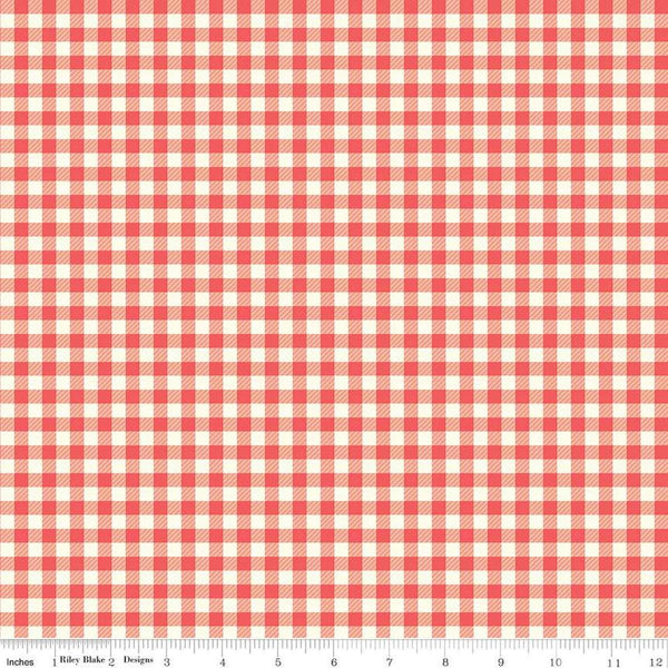 Image of the First Blooms Gingham Berry quilting cotton fabric by Riley Blake Designs. Features gingham on a pink background. Cute Little Fabric Shop
