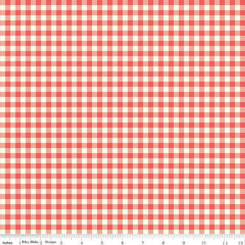 Image of the First Blooms Gingham Berry quilting cotton fabric by Riley Blake Designs. Features gingham on a pink background. Cute Little Fabric Shop