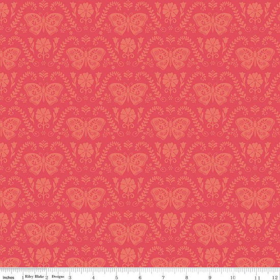 Image of the First Blooms Butterflies Berry quilting cotton fabric by Riley Blake Designs. Features butterflies on a pink background. Cute Little Fabric Shop