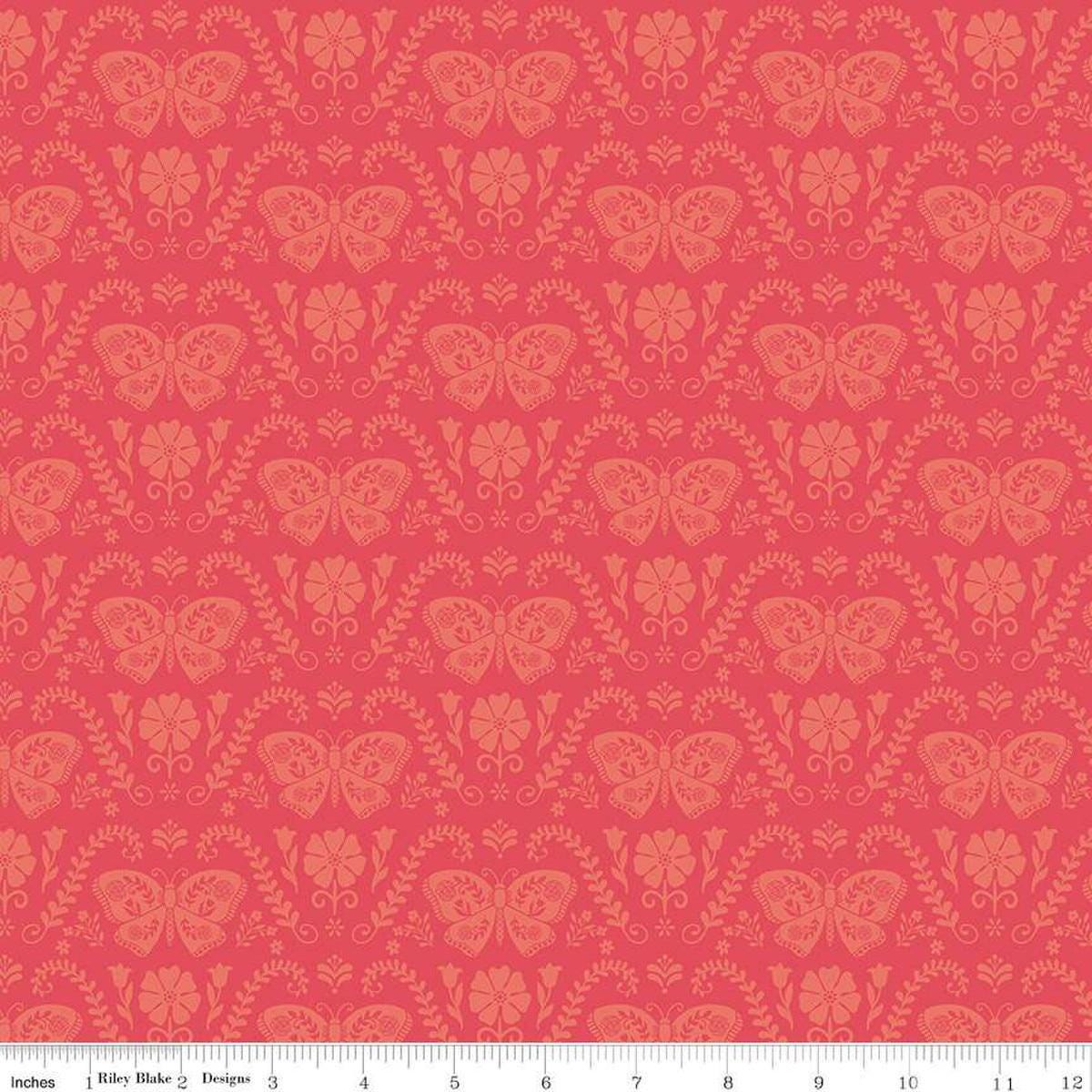 Image of the First Blooms Butterflies Berry quilting cotton fabric by Riley Blake Designs. Features butterflies on a pink background. Cute Little Fabric Shop
