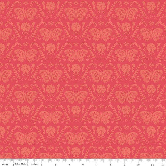 Image of the First Blooms Butterflies Berry quilting cotton fabric by Riley Blake Designs. Features butterflies on a pink background. Cute Little Fabric Shop