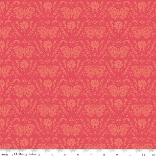 Image of the First Blooms Butterflies Berry quilting cotton fabric by Riley Blake Designs. Features butterflies on a pink background. Cute Little Fabric Shop