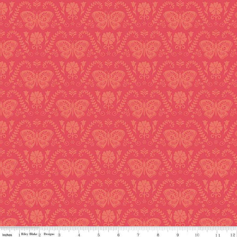 Image of the First Blooms Butterflies Berry quilting cotton fabric by Riley Blake Designs. Features butterflies on a pink background. Cute Little Fabric Shop