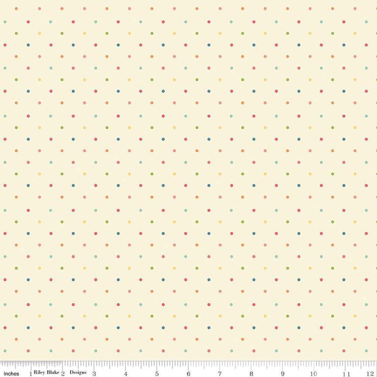 Image of the First Blooms Dots Vanilla quilting cotton fabric by Riley Blake Designs. Features dots on a cream background. Cute Little Fabric Shop