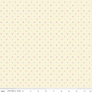 Image of the First Blooms Dots Vanilla quilting cotton fabric by Riley Blake Designs. Features dots on a cream background. Cute Little Fabric Shop