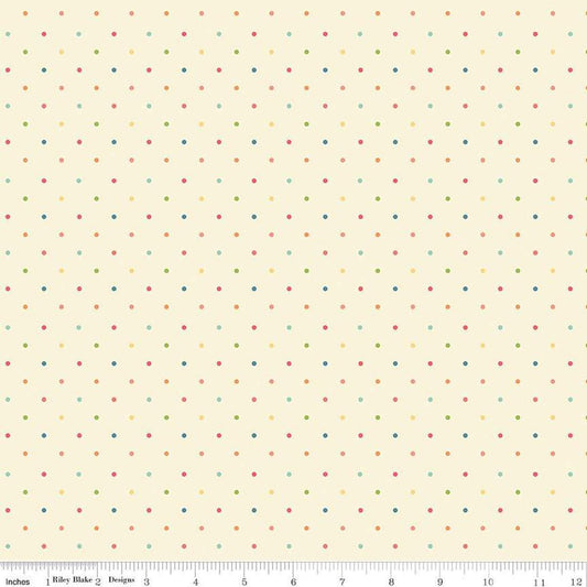 Image of the First Blooms Dots Vanilla quilting cotton fabric by Riley Blake Designs. Features dots on a cream background. Cute Little Fabric Shop
