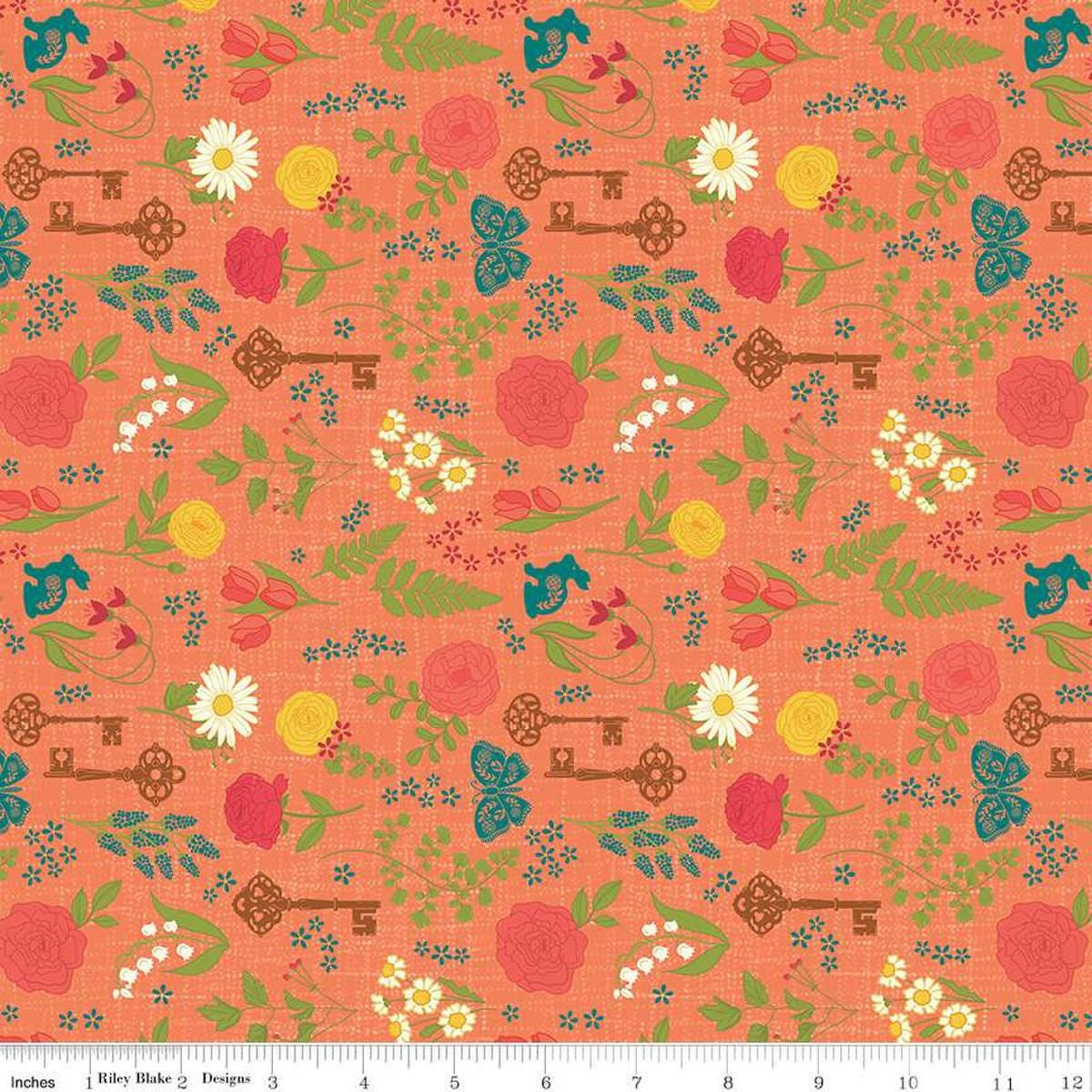 Image of the First Blooms Pressed Flowers Orange quilting cotton fabric by Riley Blake Designs. Features flowers on an orange background. Cute Little Fabric Shop