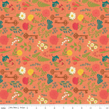 Image of the First Blooms Pressed Flowers Orange quilting cotton fabric by Riley Blake Designs. Features flowers on an orange background. Cute Little Fabric Shop