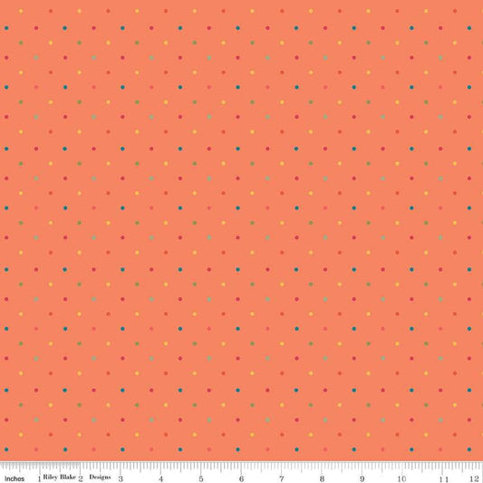 Image of the First Blooms Dots Orange quilting cotton fabric by Riley Blake Designs. Features dots on an orange background. Cute Little Fabric Shop