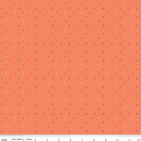 Image of the First Blooms Dots Orange quilting cotton fabric by Riley Blake Designs. Features dots on an orange background. Cute Little Fabric Shop