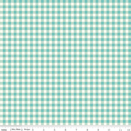 Image of the First Blooms Gingham Glacier quilting cotton fabric by Riley Blake Designs. Features gingham on a mint background. Cute Little Fabric Shop