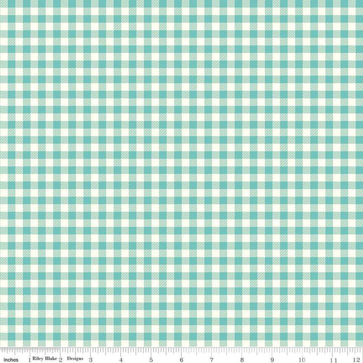 Image of the First Blooms Gingham Glacier quilting cotton fabric by Riley Blake Designs. Features gingham on a mint background. Cute Little Fabric Shop