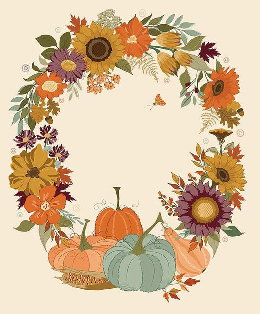 SALE The Awe of Autumn Autumn Wreath Panel PD16198 Cream - Riley Blake Designs - DIGITALLY PRINTED - Gourd Floral  - Quilting Cotton Fabric