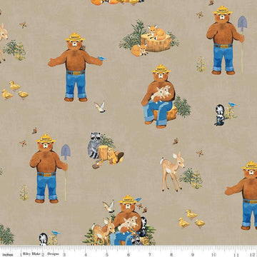 Image of the Friends of Smokey Bear Main Sand quilting cotton fabric. Features animals on a tan background. Cute Little Fabric Shop