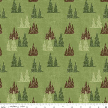 Image of the Friends of Smokey Bear Trees Grass quilting cotton fabric. Features trees on a green background. Cute Little Fabric Shop