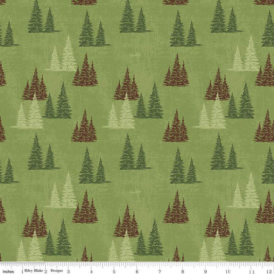 Image of the Friends of Smokey Bear Trees Grass quilting cotton fabric. Features trees on a green background. Cute Little Fabric Shop