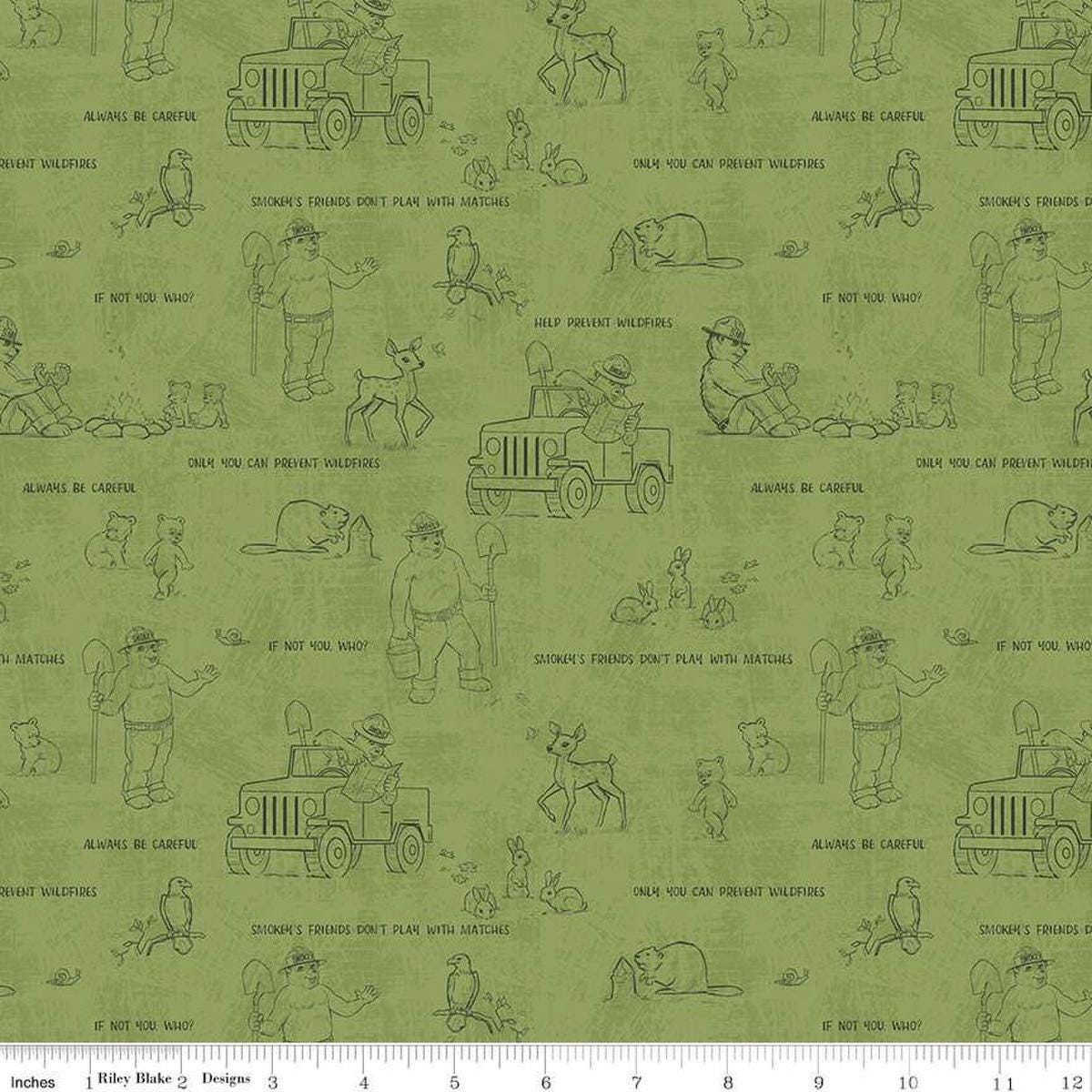 Image of the Friends of Smokey Bear Outlines Grass quilting cotton fabric. Features animals on a green background. Cute Little Fabric Shop