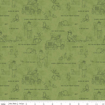 Image of the Friends of Smokey Bear Outlines Grass quilting cotton fabric. Features animals on a green background. Cute Little Fabric Shop