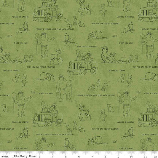 Image of the Friends of Smokey Bear Outlines Grass quilting cotton fabric. Features animals on a green background. Cute Little Fabric Shop