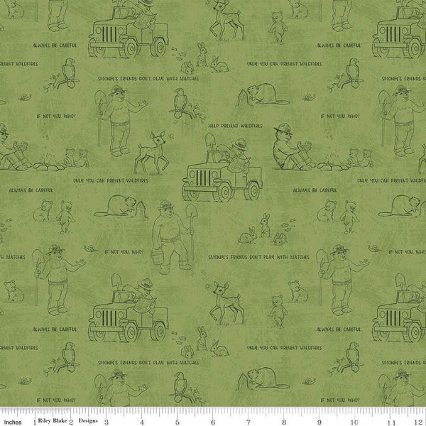 Image of the Friends of Smokey Bear Outlines Grass quilting cotton fabric. Features animals on a green background. Cute Little Fabric Shop