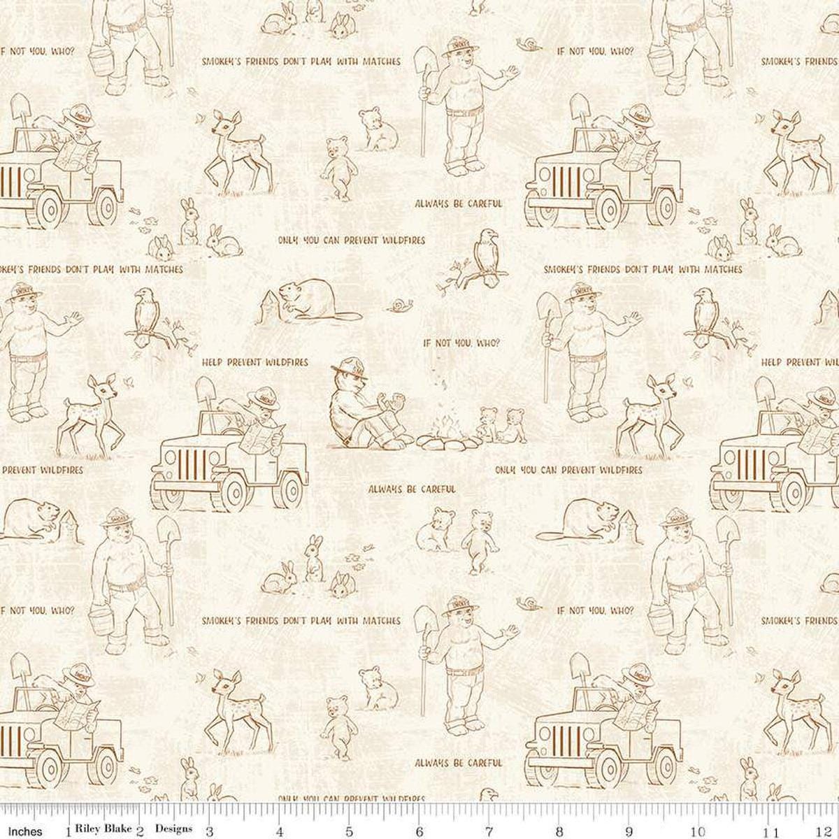 Image of the Friends of Smokey Bear Outlines Cream uilting cotton fabric. Features animals on a cream background. Cute Little Fabric Shop