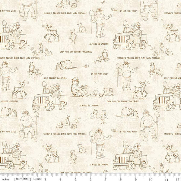 Image of the Friends of Smokey Bear Outlines Cream uilting cotton fabric. Features animals on a cream background. Cute Little Fabric Shop