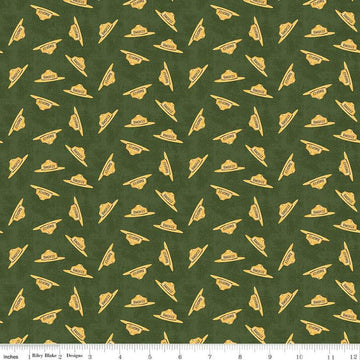 Image of the Friends of Smokey Bear Hat Toss Forest quilting cotton fabric. Features hats on a green background. Cute Little Fabric Shop