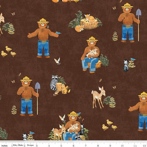 Image of the Friends of Smokey Bear Main Bark quilting cotton fabric. Features animals on a brown background. Cute Little Fabric Shop