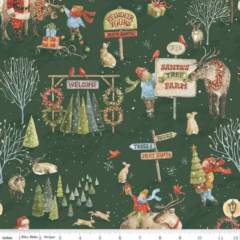 Image of the Santa&#39;s Tree Farm Main Forest quilting cotton fabric by Riley Blake Designs. Features christmas icons on a green background. Cute Little Fabric Shop