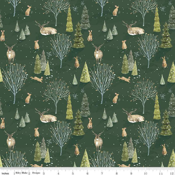 Image of the Santa&#39;s Tree Farm Woodland Forest quilting cotton fabric by Riley Blake Designs. Features animals on a green background. Cute Little Fabric Shop