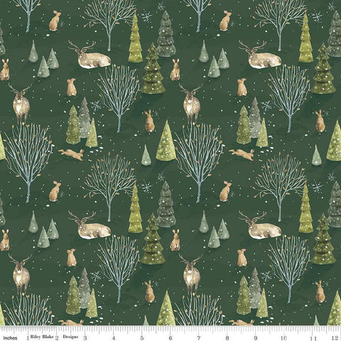 Image of the Santa&#39;s Tree Farm Woodland Forest quilting cotton fabric by Riley Blake Designs. Features animals on a green background. Cute Little Fabric Shop