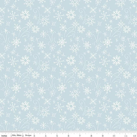 Image of the Santa&#39;s Tree Farm Snowflake Sky quilting cotton fabric by Riley Blake Designs. Features snowflakes on a blue background. Cute Little Fabric Shop