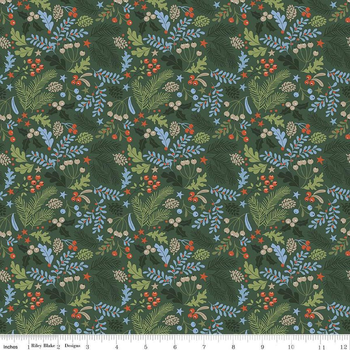Image of the Santa's Tree Farm Berries & Boughs Forest quilting cotton fabric by Riley Blake Designs. Features leaves on a green background. Cute Little Fabric Shop