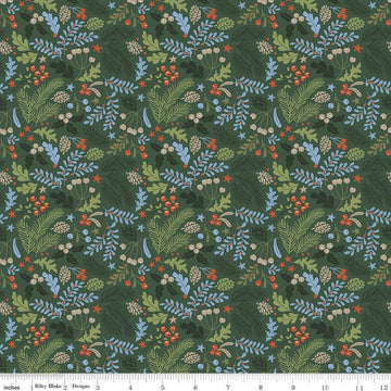 Image of the Santa's Tree Farm Berries & Boughs Forest quilting cotton fabric by Riley Blake Designs. Features leaves on a green background. Cute Little Fabric Shop