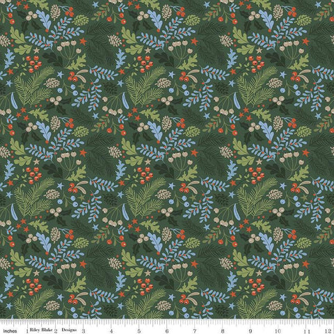 Image of the Santa&#39;s Tree Farm Berries & Boughs Forest quilting cotton fabric by Riley Blake Designs. Features leaves on a green background. Cute Little Fabric Shop