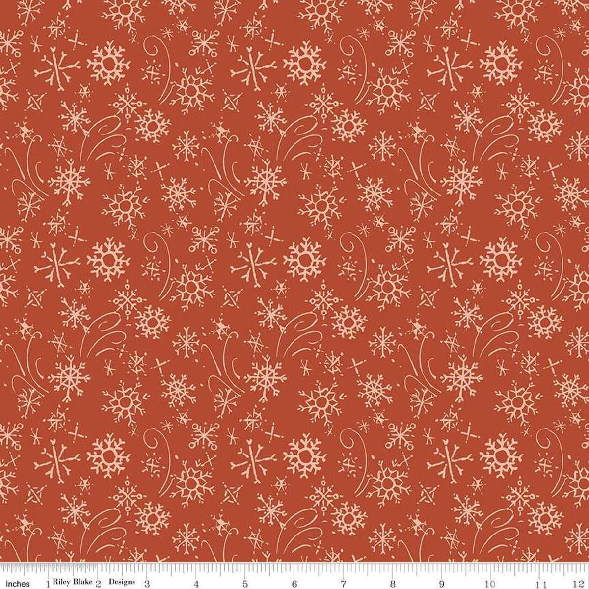 Image of the Santa's Tree Farm Snowflake Rudolph quilting cotton fabric by Riley Blake Designs. Features snowflakes on a red background. Cute Little Fabric Shop