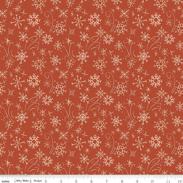 Image of the Santa's Tree Farm Snowflake Rudolph quilting cotton fabric by Riley Blake Designs. Features snowflakes on a red background. Cute Little Fabric Shop