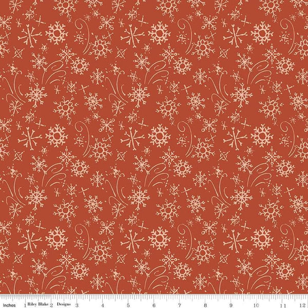Image of the Santa&#39;s Tree Farm Snowflake Rudolph quilting cotton fabric by Riley Blake Designs. Features snowflakes on a red background. Cute Little Fabric Shop