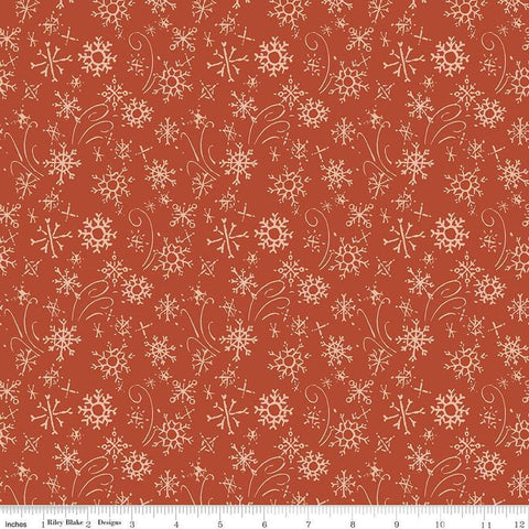 Image of the Santa&#39;s Tree Farm Snowflake Rudolph quilting cotton fabric by Riley Blake Designs. Features snowflakes on a red background. Cute Little Fabric Shop