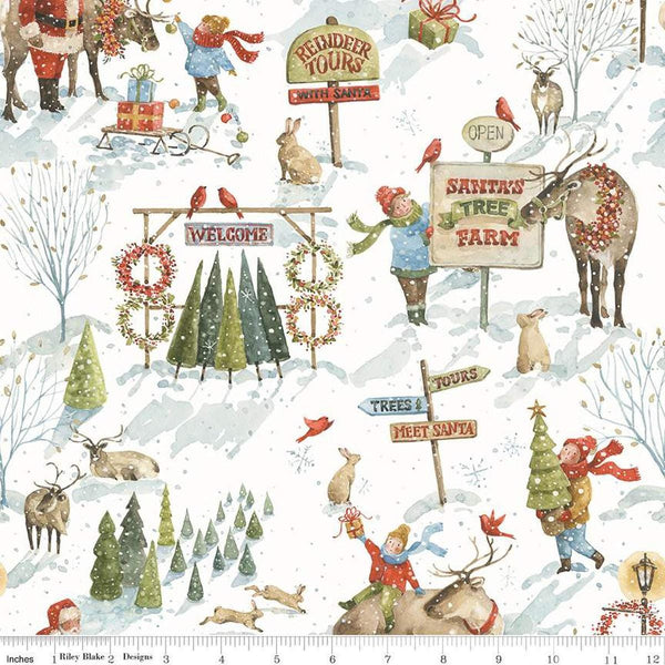 Image of the Santa&#39;s Tree Farm Main Snowy quilting cotton fabric by Riley Blake Designs. Features christmas icons on a white background. Cute Little Fabric Shop