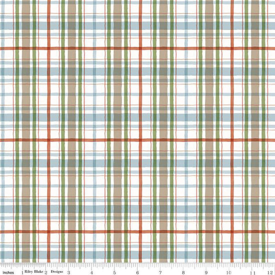 Image of the Santa's Tree Farm Plaid Snowy quilting cotton fabric by Riley Blake Designs. Features plaid on a white background. Cute Little Fabric Shop