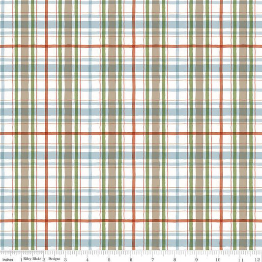 Image of the Santa's Tree Farm Plaid Snowy quilting cotton fabric by Riley Blake Designs. Features plaid on a white background. Cute Little Fabric Shop