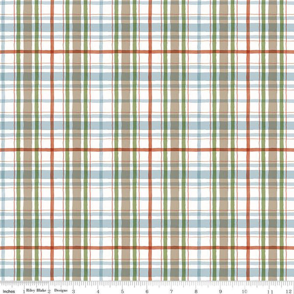 Image of the Santa&#39;s Tree Farm Plaid Snowy quilting cotton fabric by Riley Blake Designs. Features plaid on a white background. Cute Little Fabric Shop