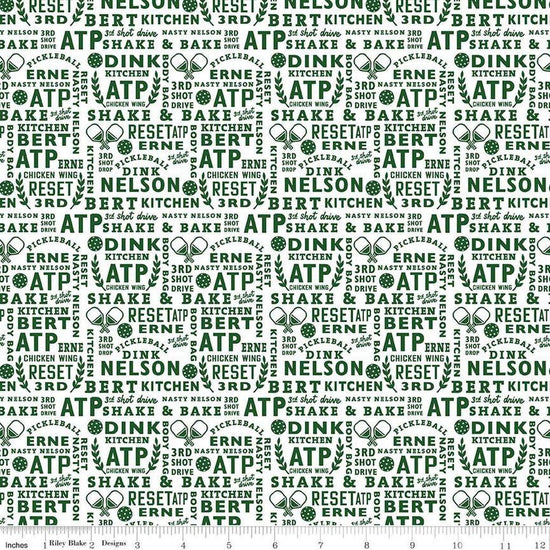 Image of the Pickleball Text White quilting cotton fabric by Riley Blake Designs. Features text on a white background. Cute Little Fabric Shop