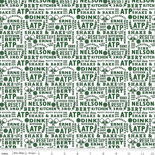 Image of the Pickleball Text White quilting cotton fabric by Riley Blake Designs. Features text on a white background. Cute Little Fabric Shop