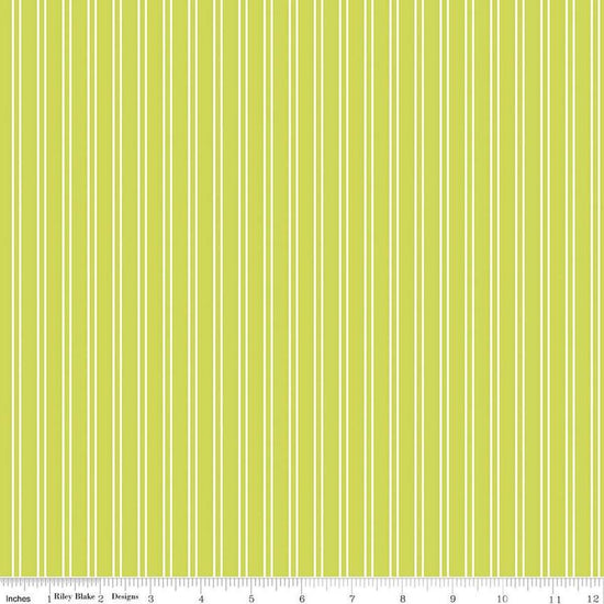 Image of the Pickleball Stripes Lime quilting cotton fabric by Riley Blake Designs. Features pickleball items on a green background. Cute Little Fabric Shop