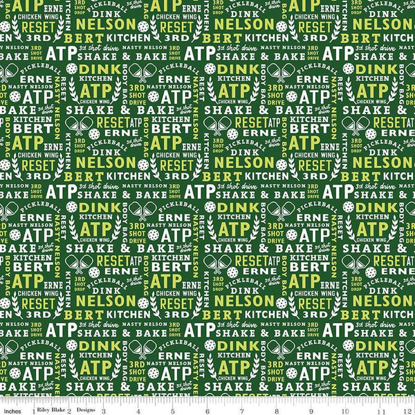 Image of the Pickleball Text Green quilting cotton fabric by Riley Blake Designs. Features text on a green background. Cute Little Fabric Shop